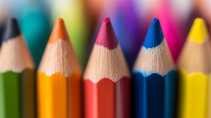 Aufkleber - Close-up view of sharpened colored pencils, showcasing vibrant hues of red, orange, yellow, green, blue, and black; a detailed image perfect for education, art, or creativity themes. : Generative AI