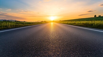 Poster - Asphalt road stretching towards a vibrant sunset over a tranquil landscape, featuring a clear sky and lush green fields. : Generative AI