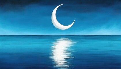 Poster -  crescent moon floating over tranquil ocean with blue night sky reflection for ramadan web design, spiritual branding, or serene print artwork