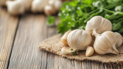 Aufkleber - Close-up view of three garlic bulbs and several cloves on rustic wooden table with fresh parsley sprigs nearby. : Generative AI