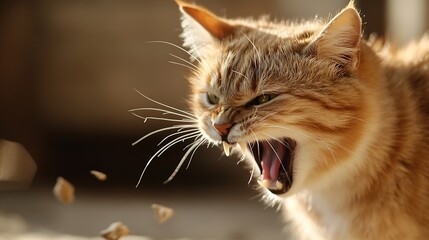Aufkleber - Close-up of an angry ginger cat with its mouth open, showing teeth and pink tongue, backlit by sunlight, scattering small particles. : Generative AI
