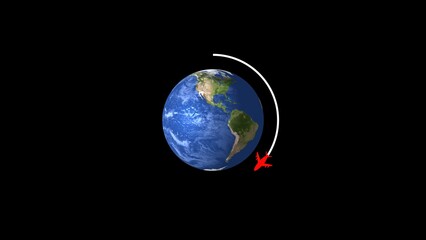 Poster - Airplane flying around planet earth depicting worldwide travel and global transportation with a modern minimalist aesthetic