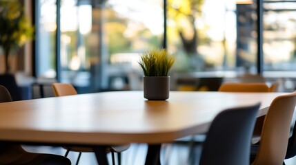 Aufkleber - Modern office meeting table with chairs and a small potted plant, situated near a large window with a blurred outdoor view, conveying a sense of calm and productivity. : Generative AI