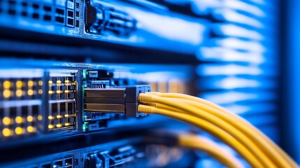 Poster - Close-up of fiber optic cables connecting to a network switch in a server rack, showcasing the intricate details of data transfer technology. : Generative AI