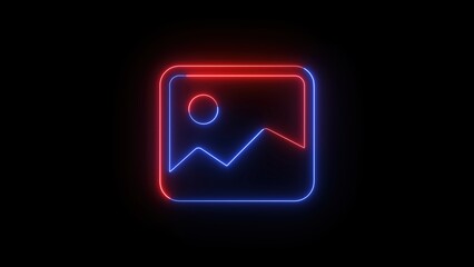 Poster - Neon illustration of a landscape image icon illuminated in red and blue against a deep black background with glowing edges