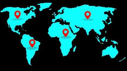 Poster - Global map with red location markers illustrating international connection and worldwide presence overlaid on bright blue continents with a dark background
