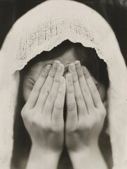 Poster - A grayscale portrait of a person, veiled and hands covering face, conveying sadness and vulnerability.  The image evokes feelings of sorrow and introspection, with a textured, vintage  : Generative AI