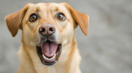 Poster - Close-up portrait of a happy, light brown labrador retriever dog with its mouth open, showing its teeth and tongue. The dog's eyes are wide and expressive, conveying a joyful and playf : Generative AI