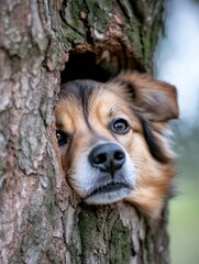 Poster - A curious, tan and brown dog peeks from a hole in a tree trunk, its expressive eyes and soft fur visible, creating a heartwarming, nature-themed image. : Generative AI