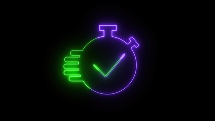 Poster - Neon stopwatch illustration with green check mark suggesting speed time and completion against a black background