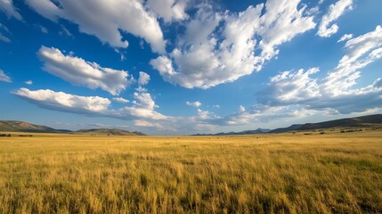 Aufkleber - Vast golden grassland under a brilliant blue sky, dotted with fluffy cumulus clouds, rolling hills in the distance create a serene landscape. : Generative AI