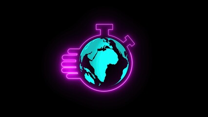 Poster - Global time concept abstract illustration of a neon style stopwatch encircling a glowing earth on a black background representing international schedules and deadlines