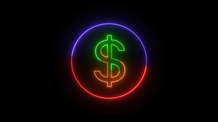 Poster - Vibrant neon dollar sign glowing in a circle on black background representing finance investments and prosperity