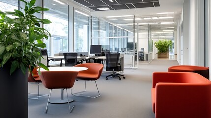 Poster - Modern office interior with orange armchairs, glass partitions, and potted plants, showcasing a bright and airy workspace design. : Generative AI