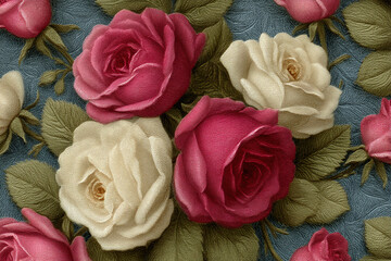 Poster - Close-up of pink and cream roses with textured petals and leaves, on a textured background, suggesting a fabric or embossed design, representing elegance and classic beauty