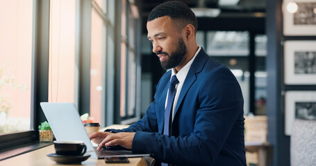 Poster - Business, man and laptop in cafe for typing, writing corporate proposal and remote work with coffee. Report, feedback or email response for admin, information or out of office research in diner