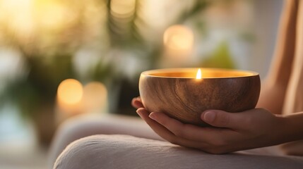 Aufkleber - Woman's hands gently hold a wooden bowl containing a lit candle, creating a serene and peaceful atmosphere in a softly lit room. : Generative AI