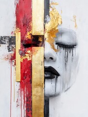 Leinwandbilder - Abstract portrait painting featuring a woman's face partially obscured by bold red, gold, and black paint strokes, creating a dramatic and textured effect. : Generative AI