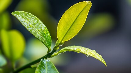 Poster - Close-up of vibrant green leaves glistening with morning dew, showcasing intricate leaf details and water droplets clinging to their surface. : Generative AI