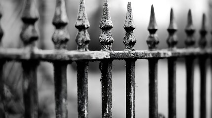 Aufkleber - Close-up view of an aged, black metal fence with ornate, pointed finials, showing texture and weathering, suggesting age and history. : Generative AI