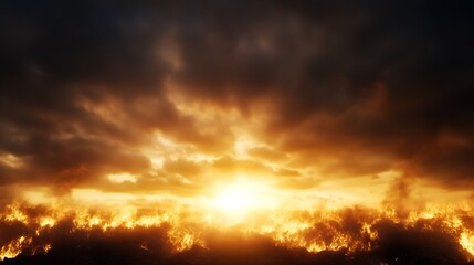 Leinwandbilder - Fiery sunset landscape with intense orange and dark clouds, depicting a dramatic fiery horizon with burning ground below a bright sun. : Generative AI