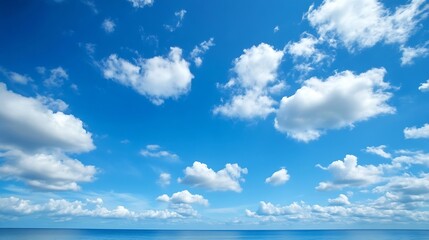 Aufkleber - Serene seascape featuring a vibrant blue sky adorned with fluffy cumulus clouds, offering a tranquil and idyllic summer scene. : Generative AI