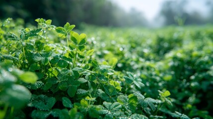 Poster - Sunlight spills over a vibrant clover field, showcasing droplets of dew clinging to emerald leaves, creating a serene and refreshing landscape experience