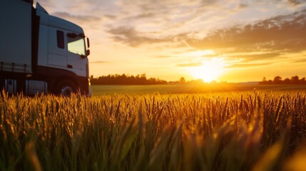 Aufkleber - Semi-truck parked near golden wheat field at sunset, sun rays illuminating the scene, rural landscape, agricultural transportation. : Generative AI