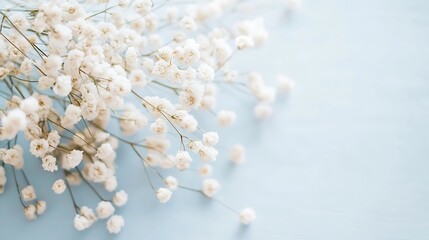 Poster - Delicate Gypsophila Flowers on a Light Blue Wooden Surface, Creating a Soft and Airy Floral Arrangement, Perfect for Wedding Invitations or Feminine Designs. : Generative AI