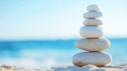 Poster - Serene stack of five smooth, white stones balanced on a sandy beach against a tranquil blue ocean backdrop, evoking peace and harmony. : Generative AI