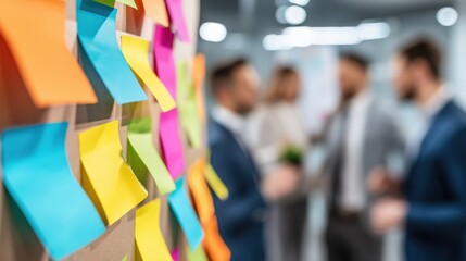 Aufkleber - Colorful sticky notes on a board, blurred business people in the background, suggesting brainstorming or teamwork session in modern office.