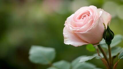 Poster - A single, delicate blush pink rose in full bloom, gently unfolds its petals against a softly blurred green garden background.  A closed rosebud sits nearby on the same stem, hinting at : Generative AI