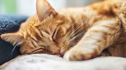 Poster - Close-up of an orange tabby cat peacefully sleeping on a soft surface, its fur exhibiting a warm, golden hue, paws tucked gently beneath its body. : Generative AI