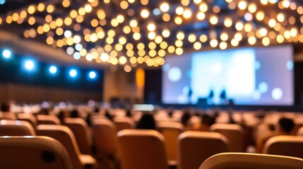 Aufkleber - Blurred image of an auditorium with audience members seated, watching a presentation on a large screen, illuminated by warm overhead lights and cool stage lighting. : Generative AI