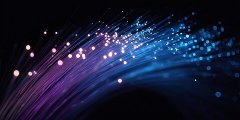 Poster - Abstract image of glowing fiber optic cables emitting blue and purple light on a dark background.