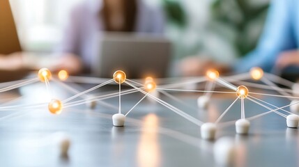 Fototapete - Abstract network connection concept: illuminated nodes linked by thin strings, suggesting global communication or teamwork, with blurred human figures in the background. : Generative AI