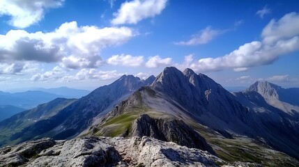 Poster - Majestic mountain range panorama under a vibrant blue sky, showcasing rugged peaks, grassy slopes, and fluffy white clouds. A breathtaking view of nature's grandeur. : Generative AI