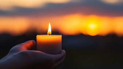 Aufkleber - A hand gently holds a lit candle against a vibrant sunset backdrop, creating a serene and peaceful atmosphere. The warm glow of the candle contrasts beautifully with the fiery oranges  : Generative AI