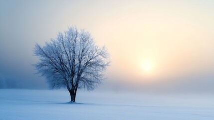 Poster - Solitary frost-covered tree stands in a misty winter field at sunrise, creating a serene and peaceful landscape. : Generative AI