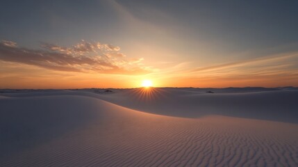 Aufkleber - Sunset over white sand dunes, creating a serene and peaceful landscape.  The sun's rays cast a warm golden glow across the rippled sand, offering a breathtaking desert vista. : Generative AI