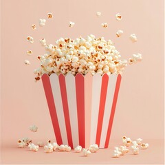 Poster - A classic movie treat! Fresh popcorn overflowing from a red and white striped container, ready for a fun film night. Delicious snack!