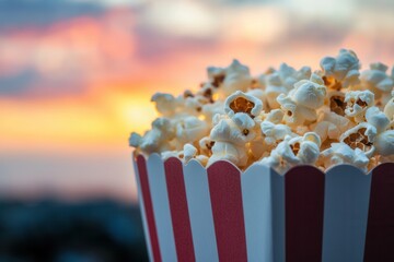 Poster - Delicious popcorn in a striped container against a beautiful sunset. Perfect for movie nights and tasty snacking.