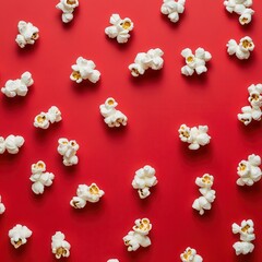 Aufkleber - Aerial view of popcorn on a vibrant red background, creating a snack-filled pattern. Perfect for movie night or themed events.