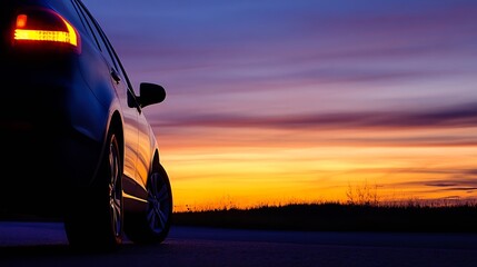 Poster - Silhouette of a dark blue car parked on a road at sunset, with a vibrant orange and purple sky as the backdrop. The car's taillight is illuminated. : Generative AI