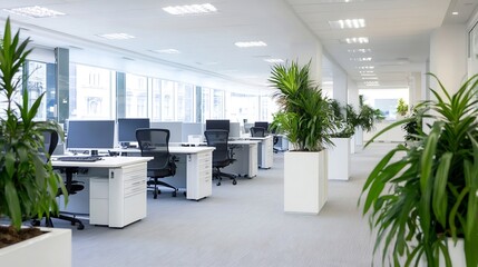 Poster - Modern, bright office interior with rows of white desks, ergonomic chairs, and large potted plants, creating a clean, productive workspace. : Generative AI