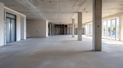 Leinwandbilder - Empty commercial office space under construction, featuring concrete floors, columns, and large windows offering natural light.  Walls are unfinished, showing drywall and electrical wo : Generative AI