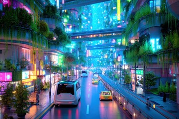 Leinwandbilder - Vibrant Smart City at Night Featuring Autonomous Vehicles, Neon Lights, and Lush Vertical Gardens in a Futuristic Urban Landscape Generative AI