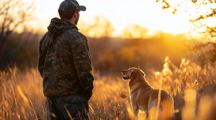 Aufkleber - Man in camouflage jacket stands in tall grass at sunset, golden retriever dog beside him, peaceful autumnal scene. : Generative AI