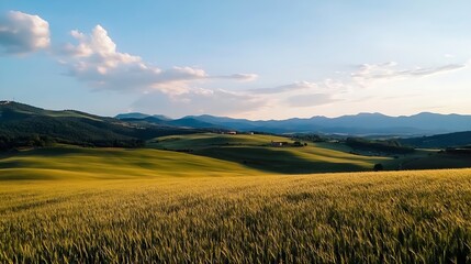 Aufkleber - Serene Tuscan landscape at sunset, rolling hills of golden wheat fields under a partly cloudy sky, distant mountains in the background. : Generative AI