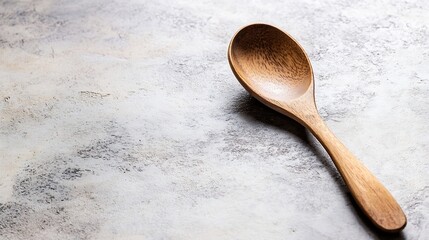 Leinwandbilder - A single wooden spoon rests on a textured, light gray surface, showcasing its natural grain and simple design.  The spoon's gentle curve and smooth handle are highlighted against the b : Generative AI